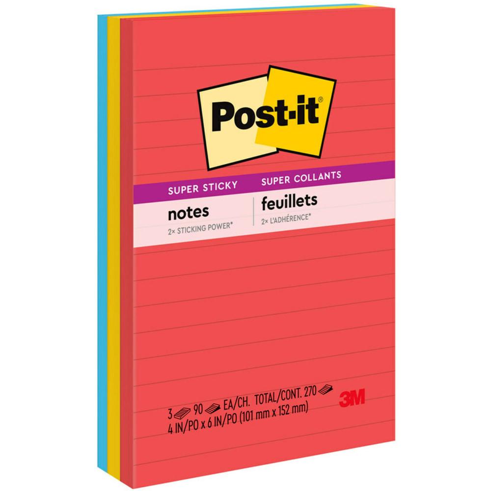 Post-it&reg; Notes Original Lined Notepads -Playful Primaries Color Collection - 270 - 4" x 6" - Rectangle - 90 Sheets per Pad - Ruled - Candy Apple Red, Sunnyside, Blue Paradise - Paper - Self-adhesi. Picture 1