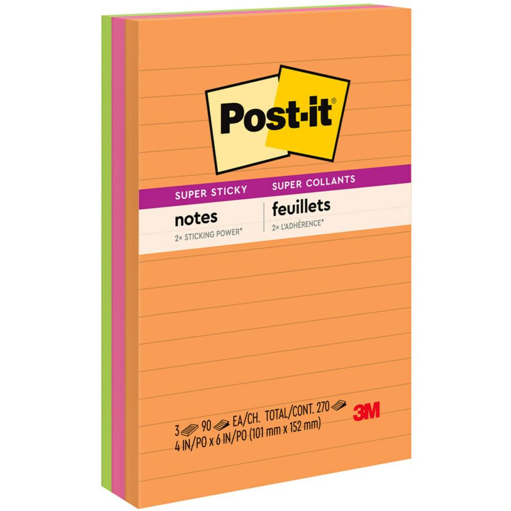 Post-it&reg; Super Sticky Notes - Energy Boost Color Collection - 270 x Assorted - 4" x 6" - Rectangle - 90 Sheets per Pad - Ruled - Orange, Pink, Green - Paper - Self-adhesive, Recyclable - 3 / Pack. Picture 1