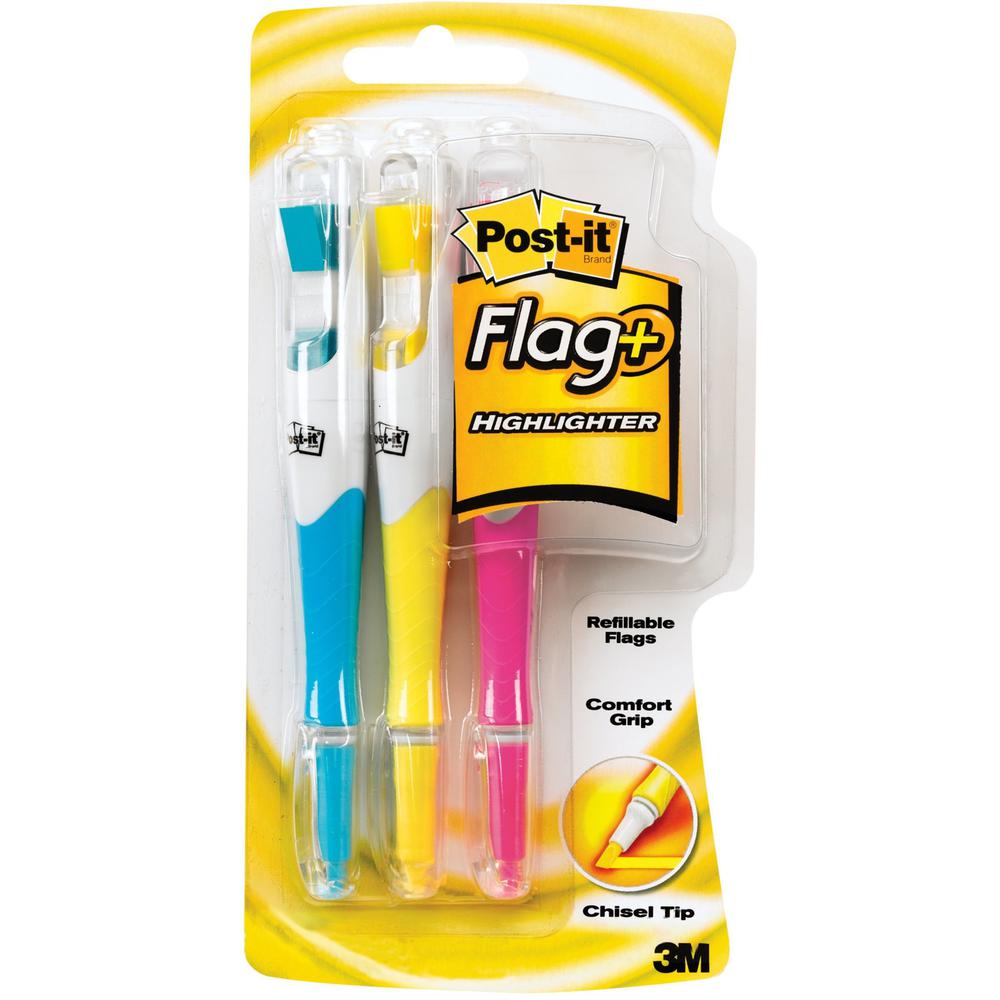 Post-it&reg; Flag+ Highlighter - Yellow, Pink, Blue - Yellow, Pink, Blue Barrel - 3 / Pack. Picture 1