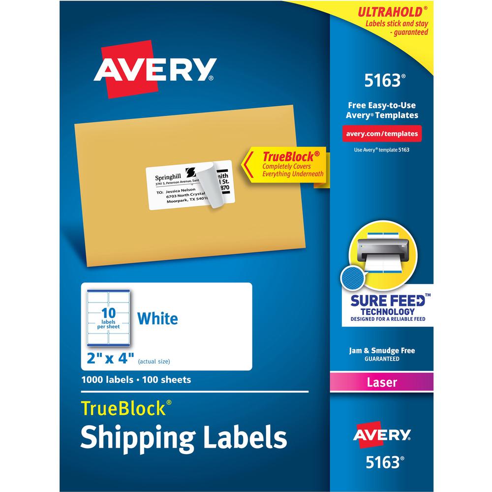Avery&reg; TrueBlock&reg; Shipping Labels, Sure Feed&reg; Technology, Permanent Adhesive, 2" x 4" , 1,000 Labels (5163) - Avery&reg; Shipping Labels, Sure Feed, 2" x 4" 1,000 White Labels (5163). The main picture.