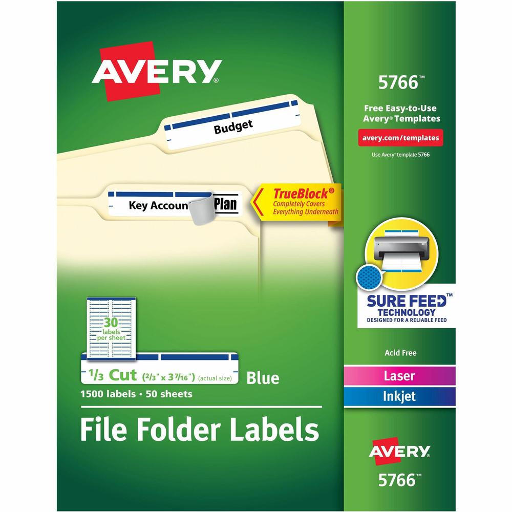 Avery&reg; TrueBlock File Folder Labels - Permanent Adhesive - Rectangle - Laser, Inkjet - Blue - Paper - 30 / Sheet - 50 Total Sheets - 1500 Total Label(s) - 1500 / Box. Picture 1