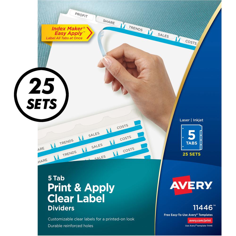 Avery&reg; Index Maker Print & Apply Dividers - 125 x Divider(s) - Print-on Tab(s) - 5 - 5 Tab(s)/Set - 8.5" Divider Width x 11" Divider Length - 3 Hole Punched - White Paper Divider - White Paper Tab. Picture 1