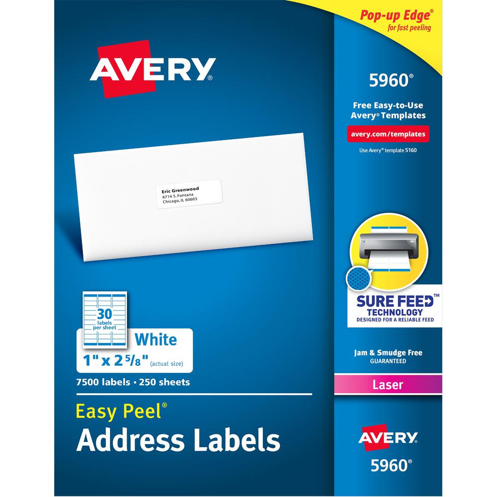 Avery&reg; Easy Peel Address Labels - 1" Width x 2 5/8" Length - Permanent Adhesive - Rectangle - Laser - White - Paper - 30 / Sheet - 250 Total Sheets - 7500 Total Label(s) - 7500 / Box. Picture 1