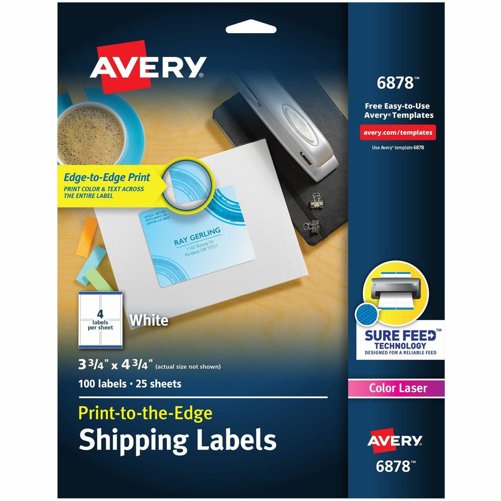 Avery&reg; Print-to-the-Edge Shipping Labels - 3 3/4" Width x 4 3/4" Length - Permanent Adhesive - Rectangle - Laser - White - Paper - 4 / Sheet - 25 Total Sheets - 100 Total Label(s) - 5. The main picture.