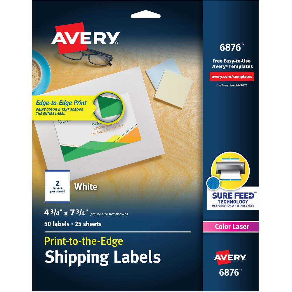 Avery&reg; Print to the Edge Shipping Labels, 4-3/4" x 7-3/4" , 50 Labels (6876) - 4 3/4" Width x 7 3/4" Length - Permanent Adhesive - Rectangle - Laser - White - Paper - 2 / Sheet - 25 Total Sheets -. Picture 1
