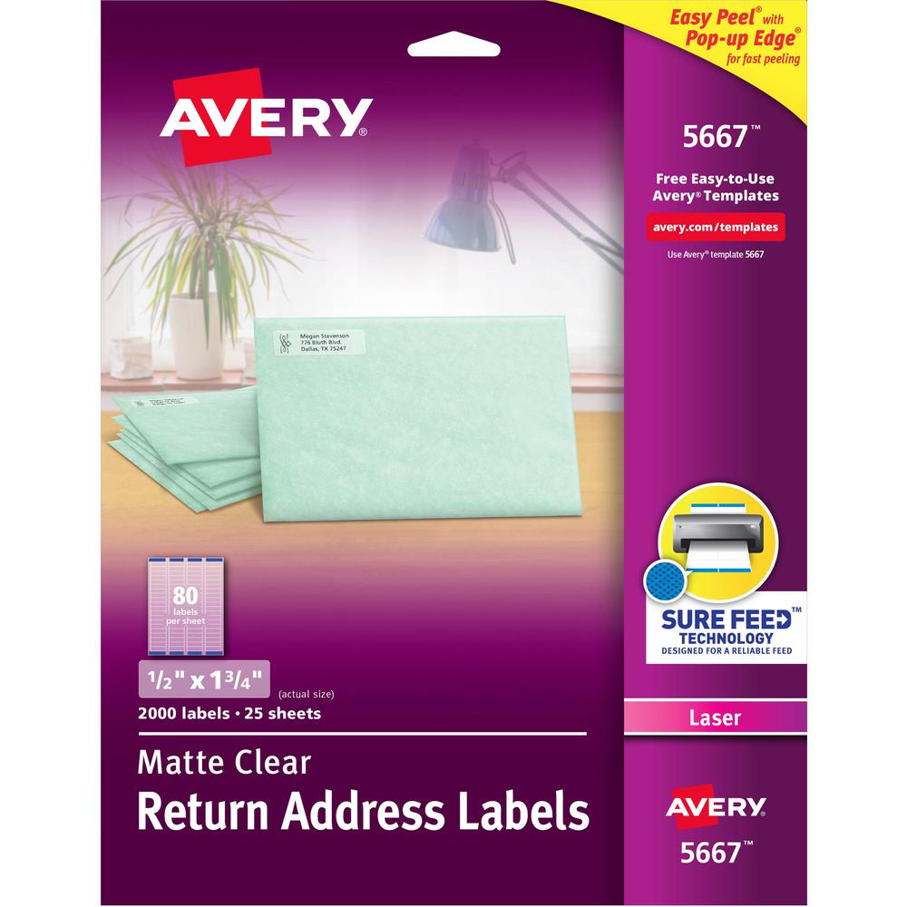 Avery&reg; Easy Peel Return Address Labels - 1/2" Width x 1 3/4" Length - Permanent Adhesive - Rectangle - Laser - Clear - Film - 80 / Sheet - 25 Total Sheets - 2000 Total Label(s) - 2000 / Box. Picture 1