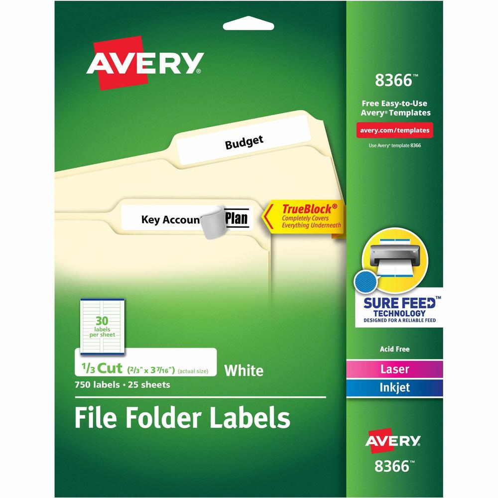 Avery&reg; File Folder Labels - Permanent Adhesive - Rectangle - Laser, Inkjet - White - Paper - 30 / Sheet - 25 Total Sheets - 750 Total Label(s) - 750 / Pack. Picture 1