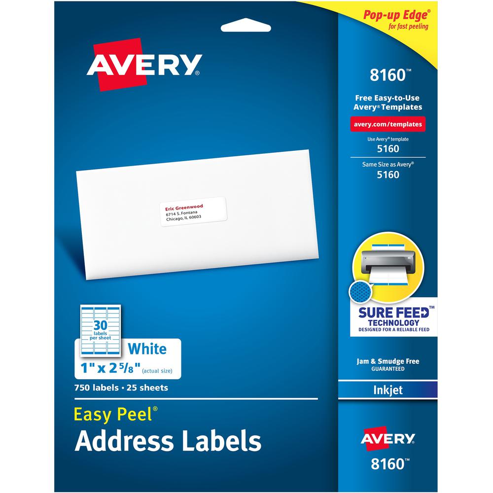 Avery&reg; Easy Peel&reg; Address Labels with Sure Feed&trade; Technology - 1" Width x 2 5/8" Length - Permanent Adhesive - Rectangle - Inkjet - White - Paper - 30 / Sheet - 25 Total Sheets - 750 Tota. The main picture.