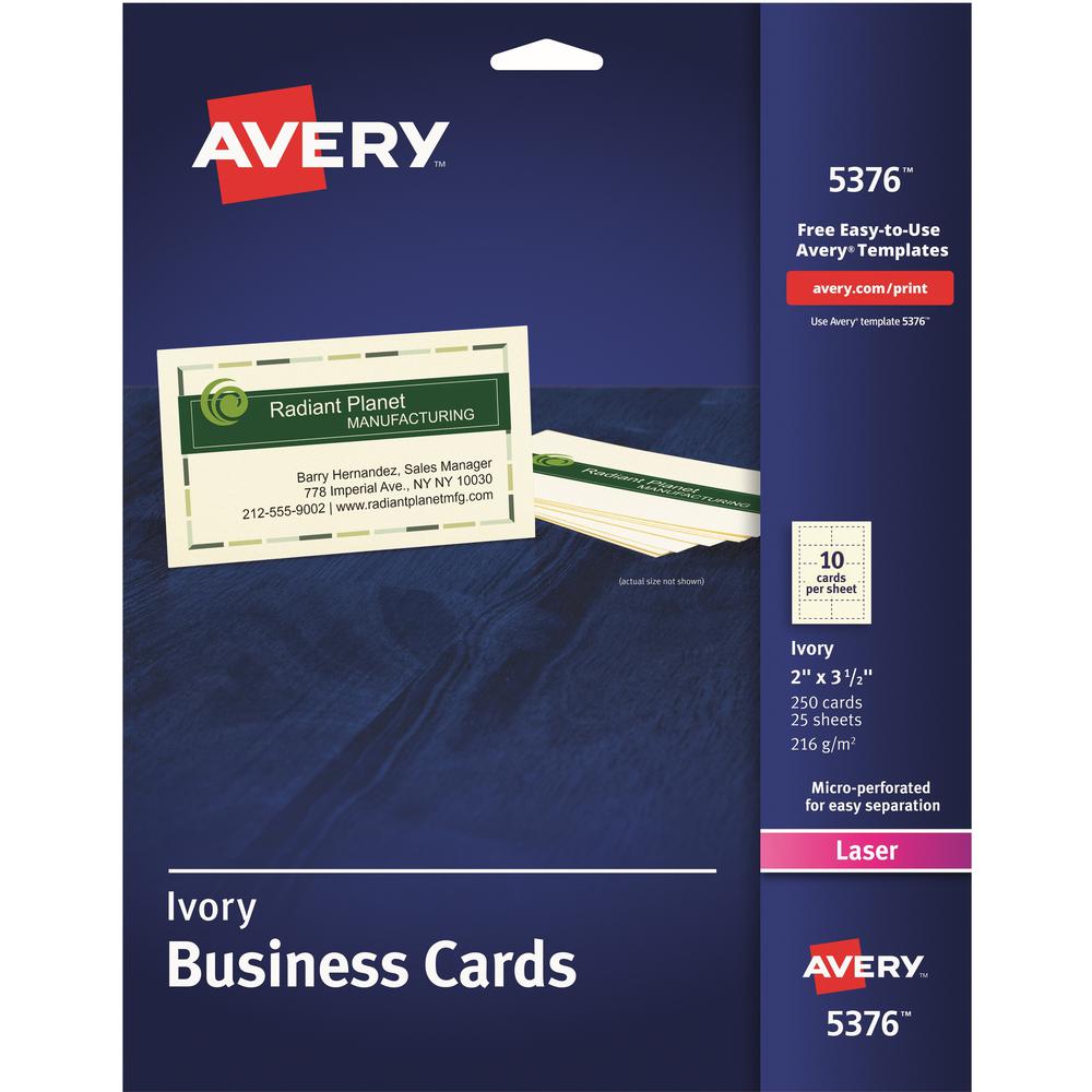 Avery&reg; 2" x 3.5" Ivory Business Cards, Sure Feed? Technology, Laser, 250 Cards (5376) - 79 Brightness - A8 - 2" x 3 1/2" - 250 / Pack - Perforated, Heavyweight, Smooth Edge - Ivory. Picture 1