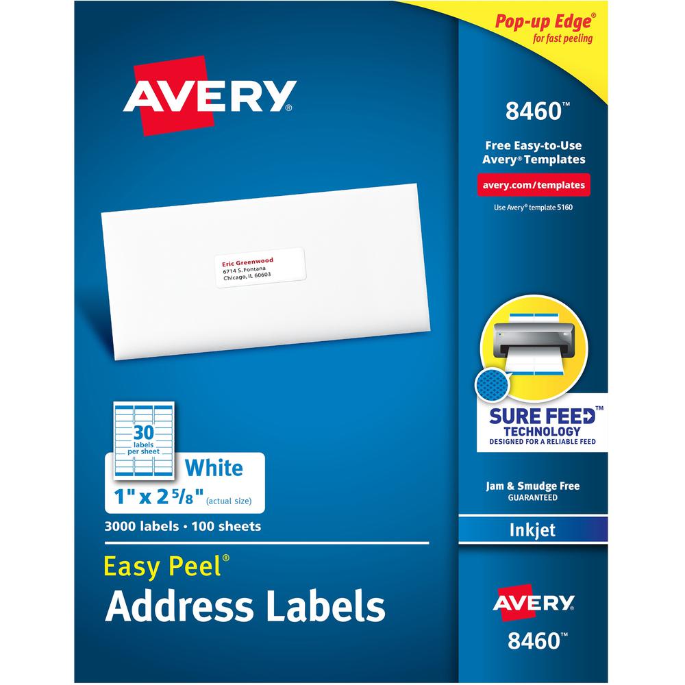 Avery&reg; Easy Peel White Inkjet Mailing Labels - 1" Width x 2 5/8" Length - Permanent Adhesive - Rectangle - Inkjet - White - Paper - 30 / Sheet - 100 Total Sheets - 3000 Total Label(s) - 3000 / Box. Picture 1