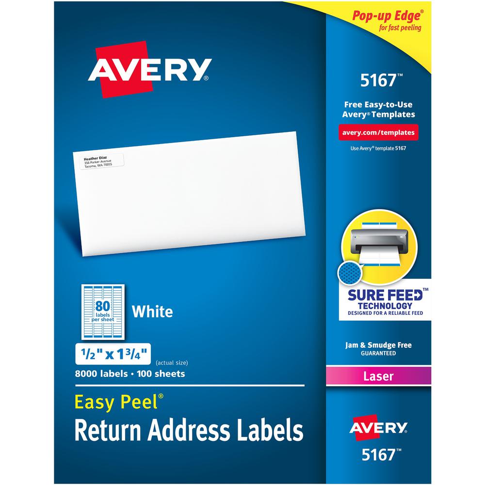 Avery&reg; Easy Peel&reg; Return Address Labels with Sure Feed&trade; Technology - 1/2" Width x 1 3/4" Length - Permanent Adhesive - Rectangle - Laser - White - Paper - 80 / Sheet - 100 Total Sheets -. The main picture.