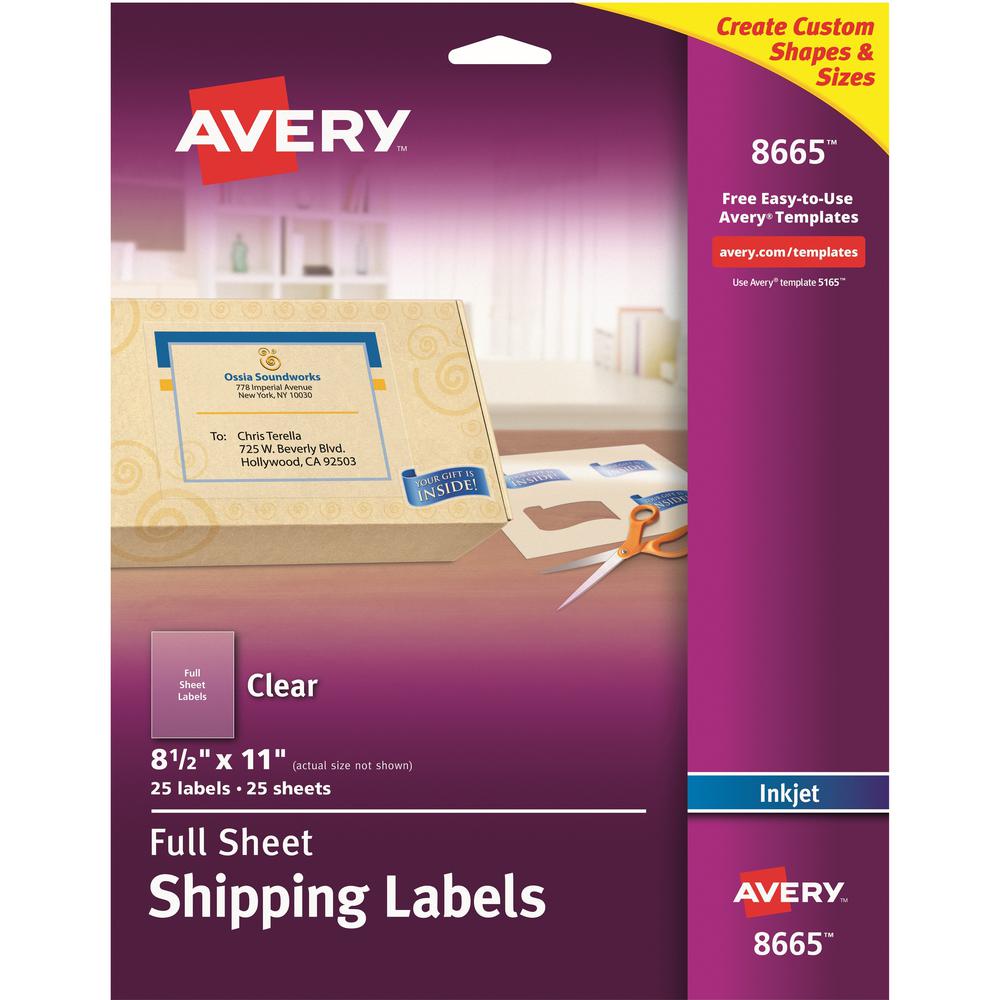Avery&reg; Shipping Label - 8 1/2" Width x 11" Length - Permanent Adhesive - Rectangle - Inkjet - Frosted Clear - Film - 1 / Sheet - 25 Total Sheets - 25 Total Label(s) - 25 / Pack. Picture 1