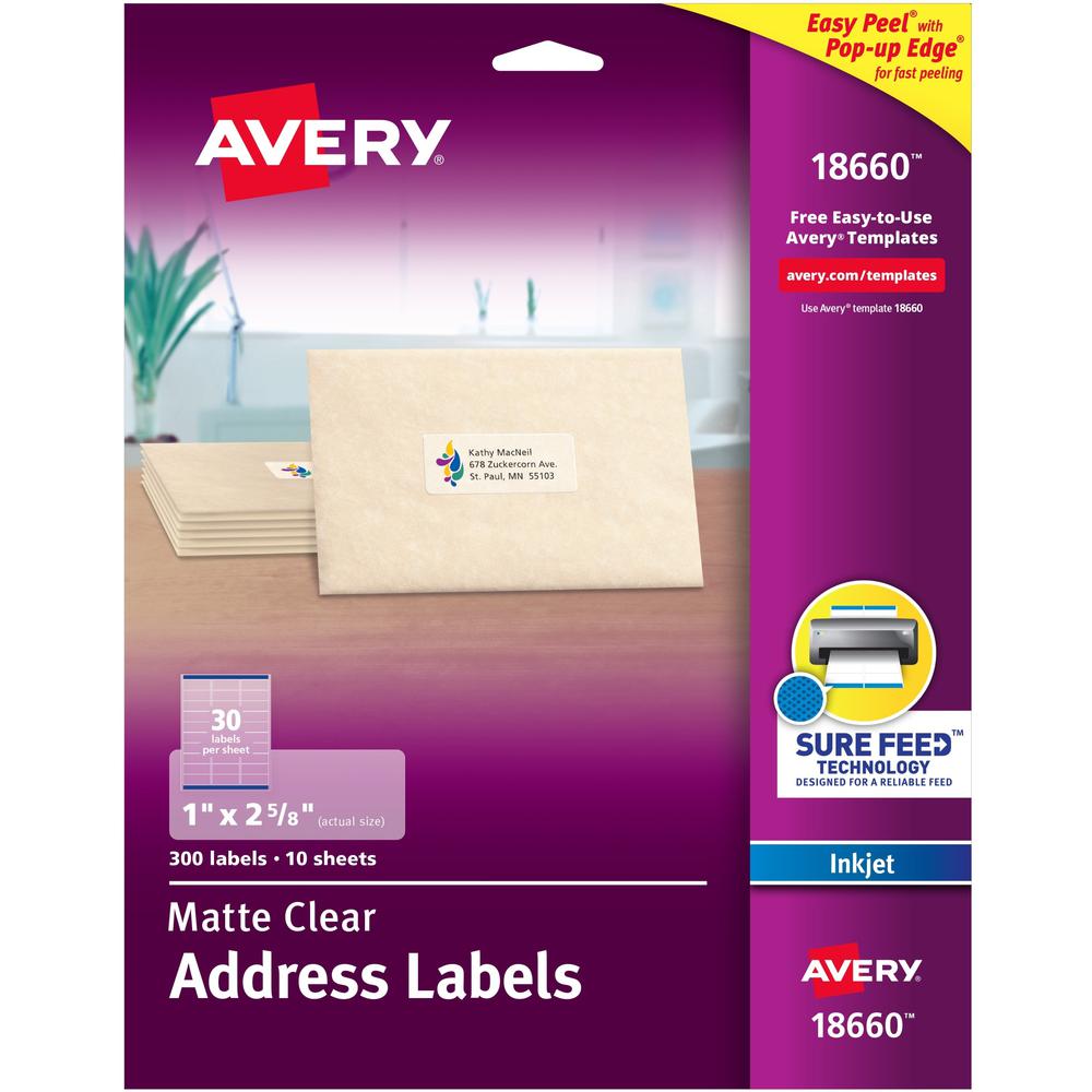 Avery&reg; Matte Clear Address Labels - Sure Feed Technology - 1" Width x 2 5/8" Length - Permanent Adhesive - Rectangle - Inkjet - Clear - Film - 30 / Sheet - 10 Total Sheets - 300 Total Label(s) - 3. Picture 1