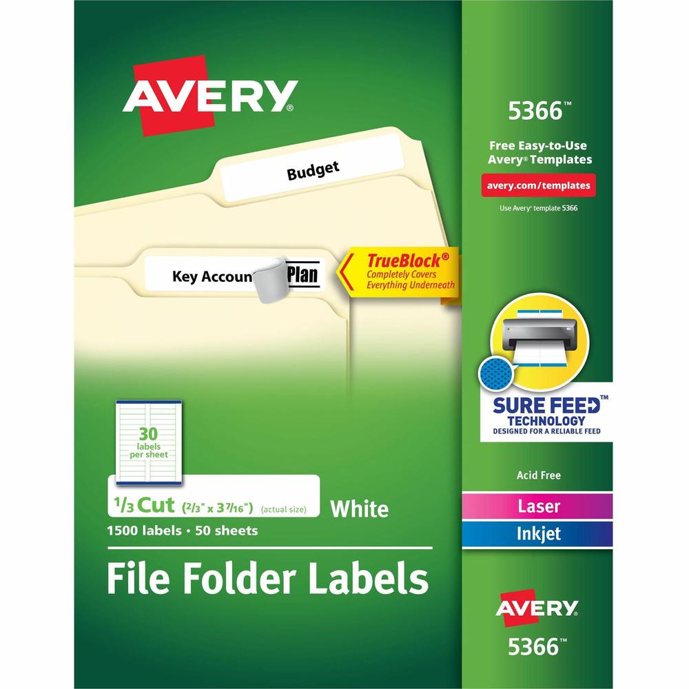 Avery&reg; TrueBlock File Folder Labels - Permanent Adhesive - Rectangle - Laser, Inkjet - White - Paper - 30 / Sheet - 50 Total Sheets - 1500 Total Label(s) - 1500 / Box. The main picture.