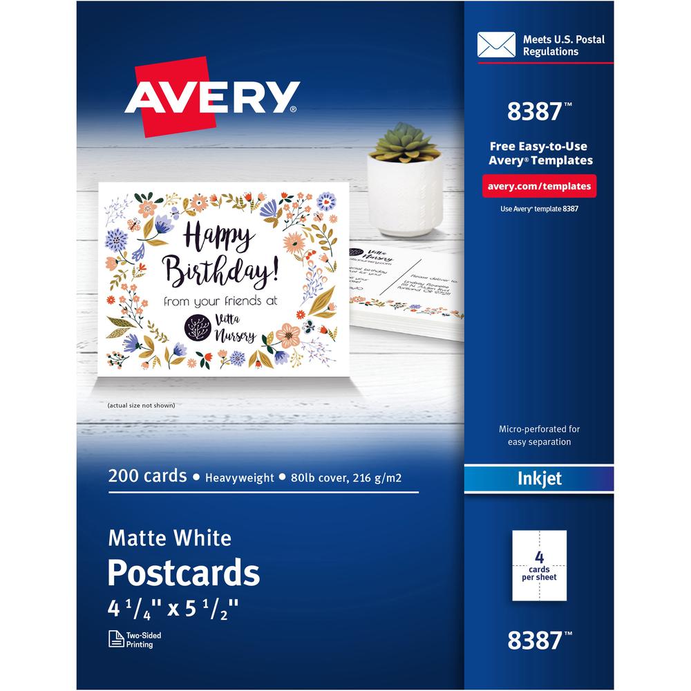 Avery&reg; Inkjet Postcard - White - 97 Brightness - 5 1/2" x 4 1/4" - Matte - 200 / Box - FSC Mix - Rounded Corner. The main picture.