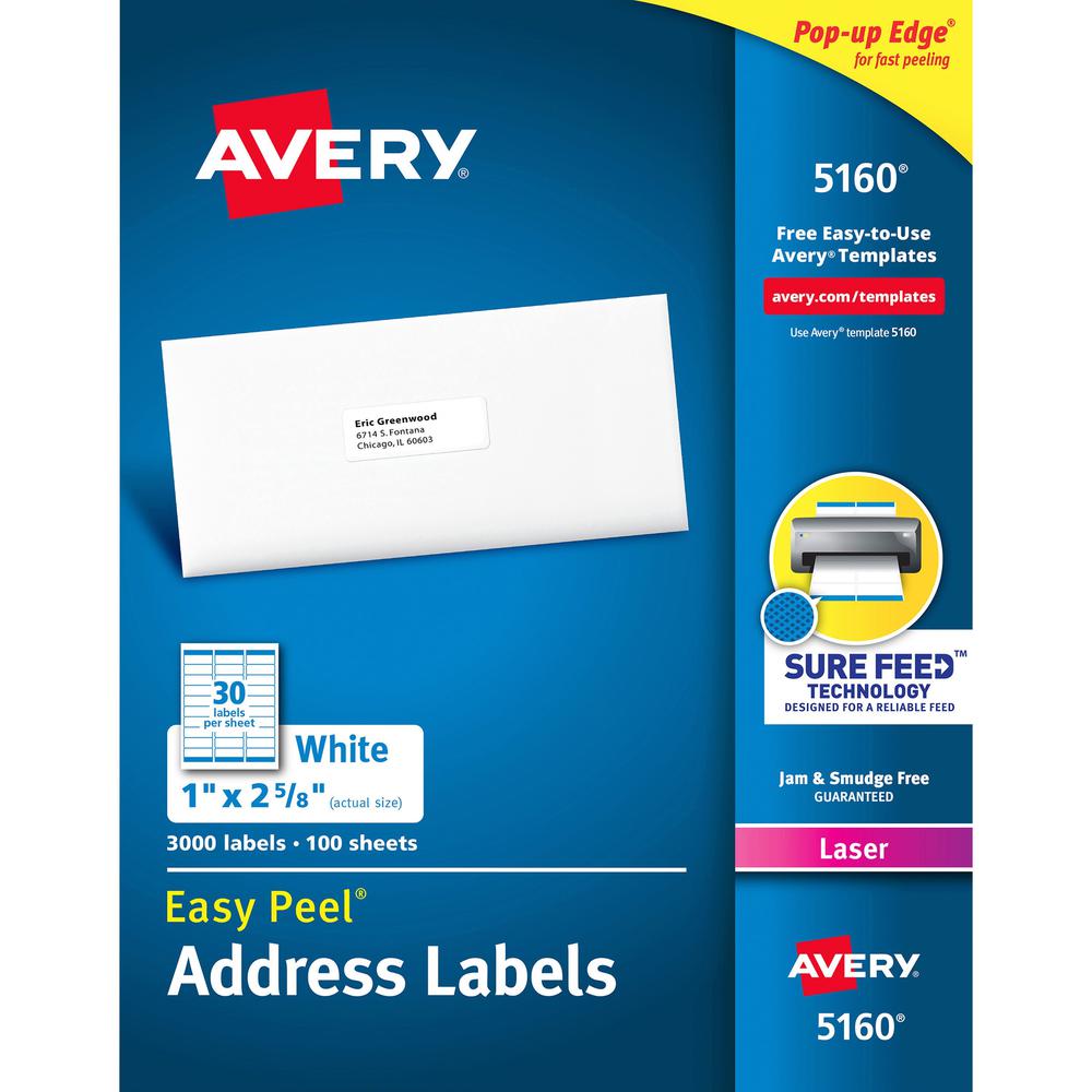 Avery&reg; Easy Peel&reg; Address Labels with Sure Feed&trade; Technology - 1" Width x 2 5/8" Length - Permanent Adhesive - Rectangle - Laser - White - Paper - 30 / Sheet - 100 Total Sheets - 3000 Tot. The main picture.