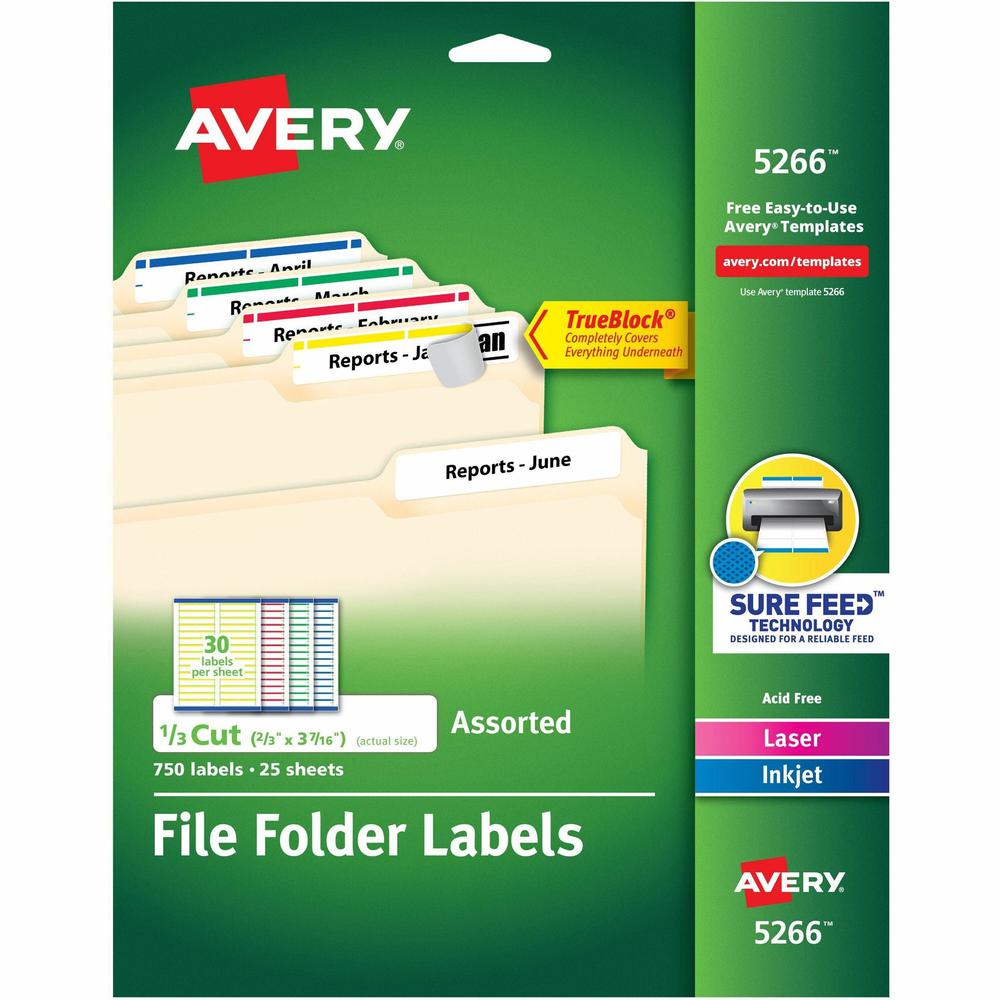 Avery&reg; TrueBlock File Folder Labels - Permanent Adhesive - Rectangle - Laser, Inkjet - Blue, Green, Red, White, Yellow - Paper - 30 / Sheet - 25 Total Sheets - 750 Total Label(s) - 750 / Pack. Picture 1