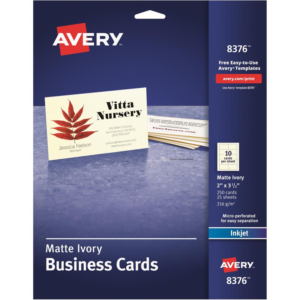 Avery&reg; 2" x 3.5" Ivory Business Cards, Sure Feed(TM), 250 (8376) - 79 Brightness - A8 - 3 1/2" x 2" - 80 lb Basis Weight - Matte - 250 / Pack - Perforated, Heavyweight, Rounded Corner - Ivory. Picture 1