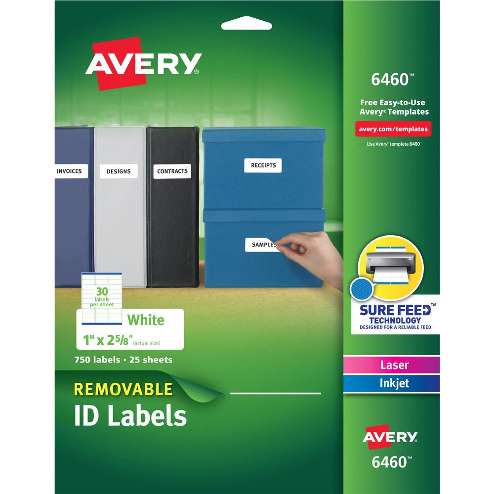 Avery&reg; Removable I.D. Laser/Inkjet Labels - 1" Width x 2 5/8" Length - Removable Adhesive - Rectangle - Laser, Inkjet - White - Paper - 30 / Sheet - 25 Total Sheets - 750 Total Label(s) - 750 / Pa. Picture 1