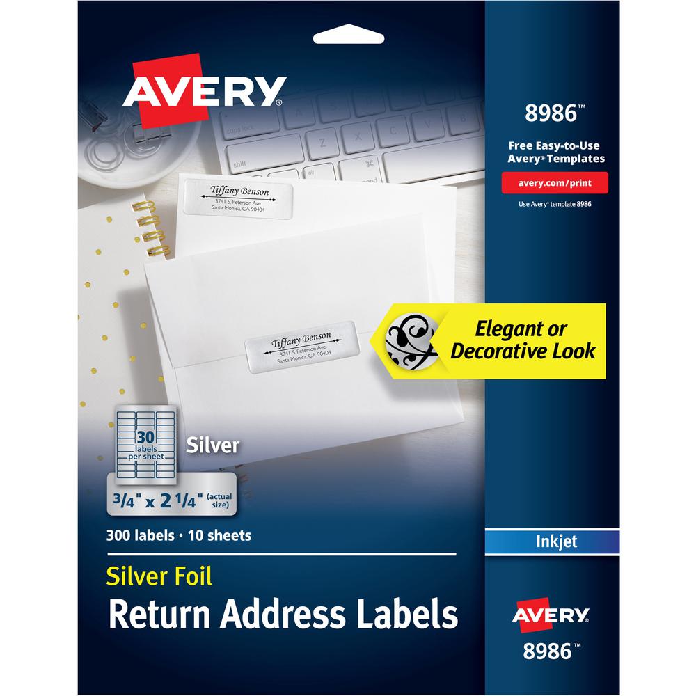 Avery&reg; Gold Foil Mailing Labels - 3/4" Width x 2 1/4" Length - Permanent Adhesive - Rectangle - Inkjet - Silver - Paper - 30 / Sheet - 10 Total Sheets - 300 Total Label(s) - 5. Picture 1