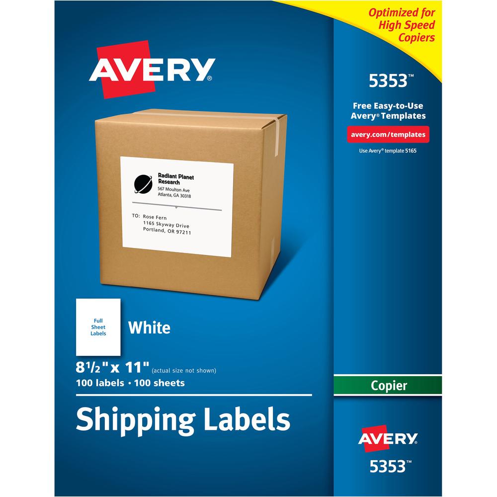 Avery&reg; Copier Address Labels - 8 1/2" Width x 11" Length - Permanent Adhesive - Rectangle - White - Paper - 1 / Sheet - 100 Total Sheets - 100 Total Label(s) - 100 / Box. The main picture.