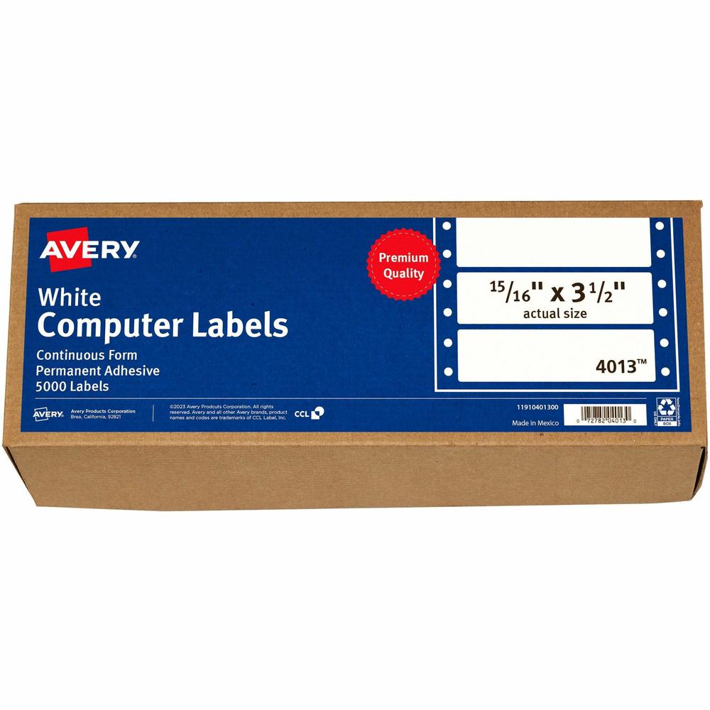 Avery Continuous Form Computer Labels - 3 1/2" Length - Permanent Adhesive - Rectangle - Dot Matrix - White - 1 / Sheet - 5000 Total Label(s) - 5000 / Box - Permanent Adhesive, Stick & Stay, Customiza. Picture 1