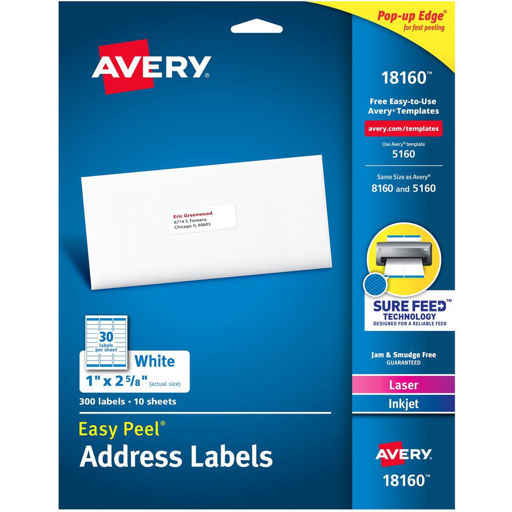 Avery&reg; Easy Peel Address Labels - Sure Feed Technology - 1/2" Width x 2 5/8" Length - Permanent Adhesive - Rectangle - Laser, Inkjet - White - Paper - 30 / Sheet - 10 Total Sheets - 300 Total Labe. Picture 1