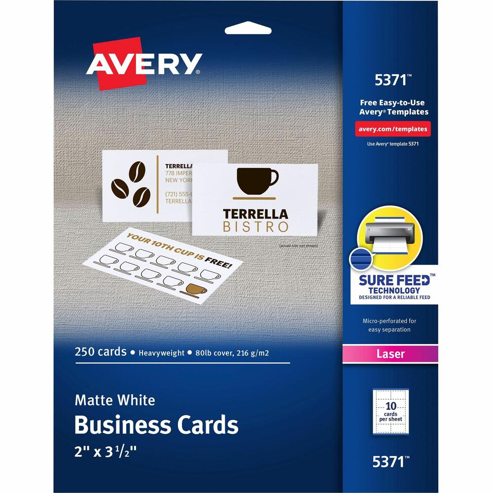 Avery&reg; Laser Business Card - White - 97 Brightness - A8 - 2" x 3 1/2" - 250 / Pack - FSC Mix. The main picture.