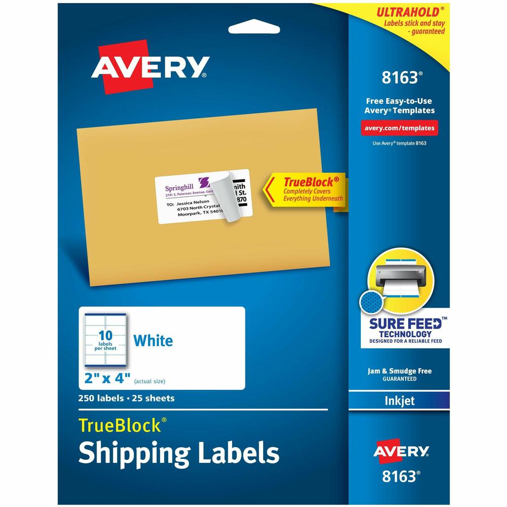 Avery&reg; TrueBlock Shipping Labels - 2" Width x 4" Length - Permanent Adhesive - Rectangle - Inkjet - White - Paper - 10 / Sheet - 25 Total Sheets - 250 Total Label(s) - 5. The main picture.