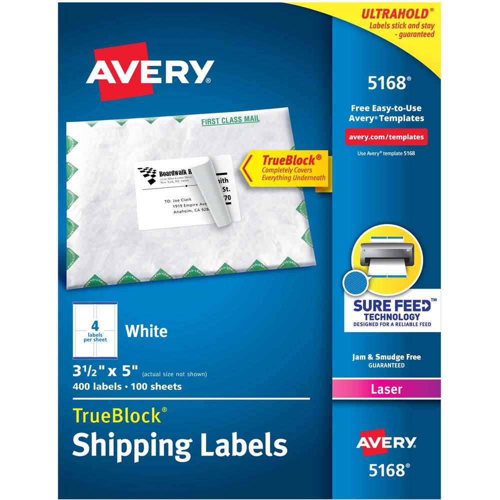 Avery&reg; Shipping Labels, Sure Feed, 3-1/2" x 5" , 400 Labels (5168) - 3 1/2" Width x 5" Length - Permanent Adhesive - Rectangle - Laser - White - Paper - 4 / Sheet - 100 Total Sheets - 400 Total La. Picture 1