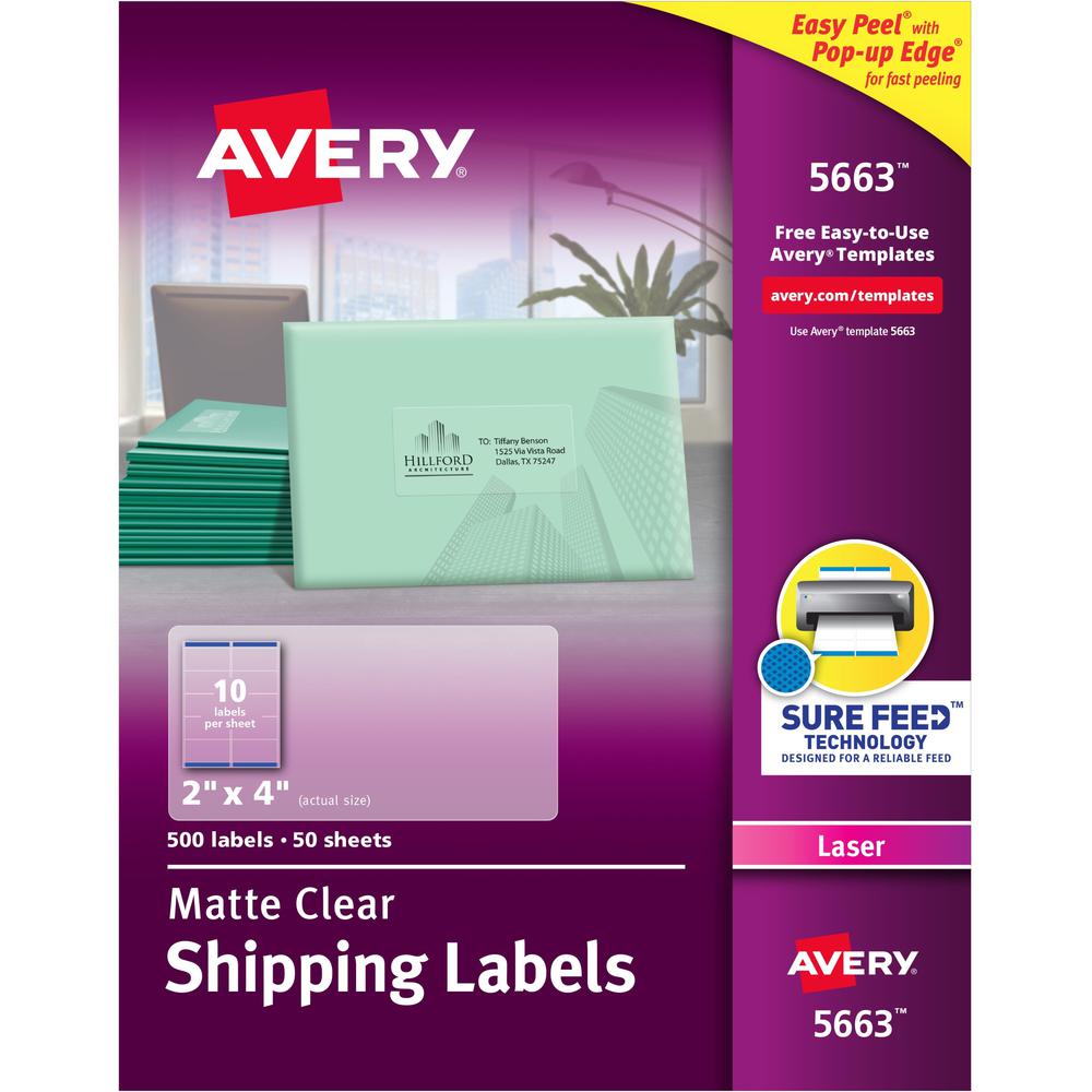Avery&reg; Clear Shipping Labels, Sure Feed, 2" x 4" , 500 Labels (5663) - 2" Width x 4" Length - Permanent Adhesive - Rectangle - Laser - Clear - Film - 10 / Sheet - 50 Total Sheets - 500 Total Label. Picture 1