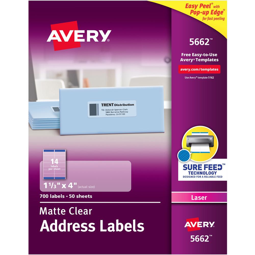 Avery&reg; Easy Peel Return Address Labels - 1 21/64" Width x 4" Length - Permanent Adhesive - Rectangle - Laser - Clear - Film - 14 / Sheet - 50 Total Sheets - 700 Total Label(s) - 700 / Box. Picture 1