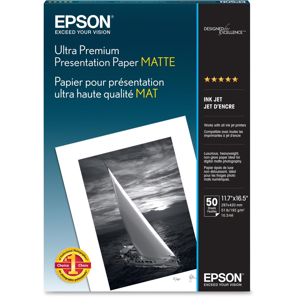 Epson Ultra Premium Matte Presentation Paper - 104 Brightness - 94% Opacity - A3 - 11 45/64" x 16 1/2" - Matte - 50 / Pack - White. Picture 1