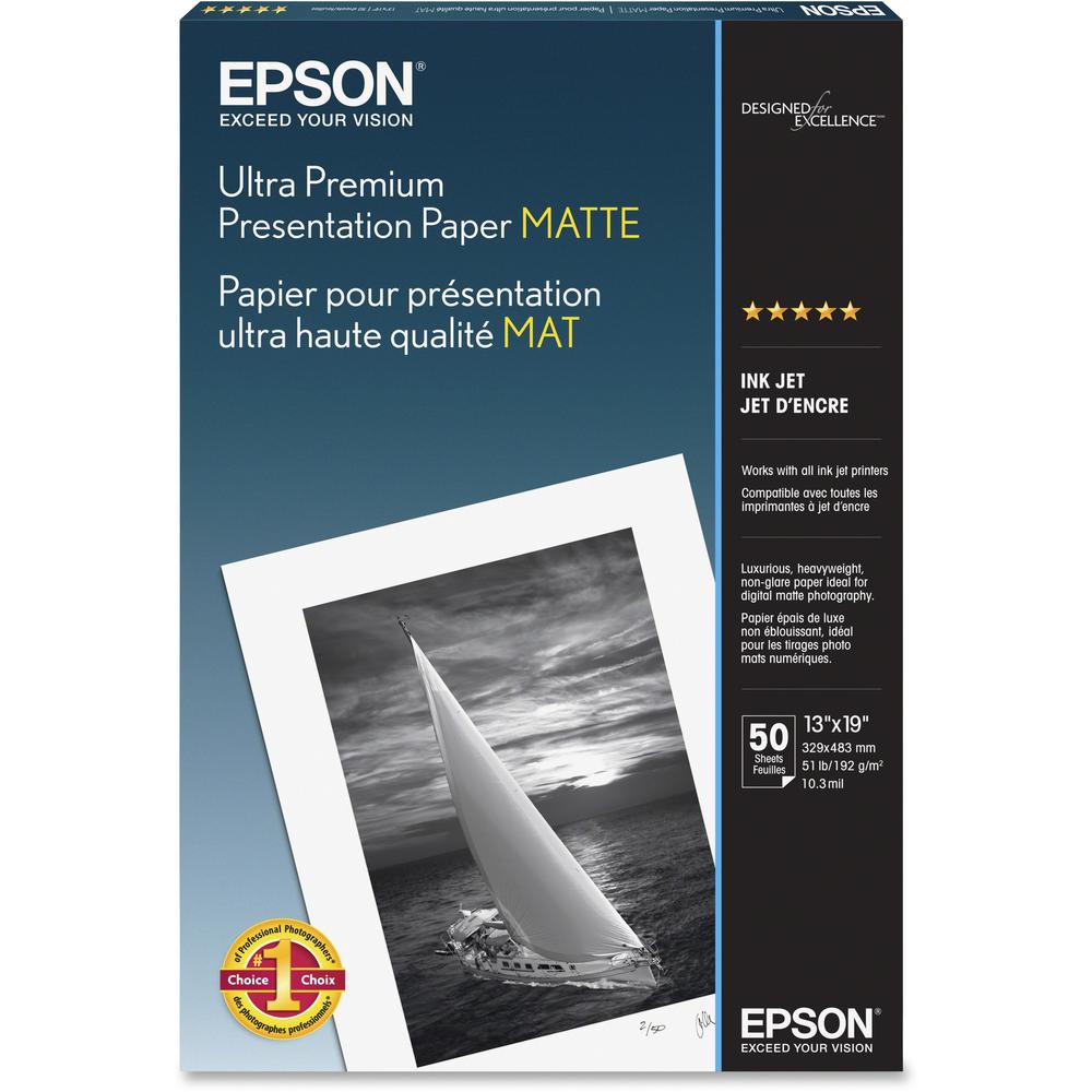 Epson Ultra Premium Matte Presentation Paper - 104 Brightness - 94% Opacity - Super B - 13" x 19" - Matte - 50 / Pack - White. Picture 1
