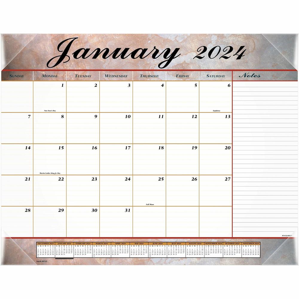 At-A-Glance Marbled Desk Pad - Standard Size - Monthly - 12 Month - January 2024 - December 2024 - 1 Month Single Page Layout - 21 3/4" x 17" White Sheet - 2.43" x 2.25" Block - Desk Pad - Rose, Gray,. Picture 1