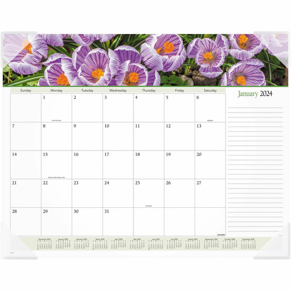 At-A-Glance Panoramic Floral Desk Pad - Standard Size - Monthly - 12 Month - January 2024 - December 2024 - 1 Month Single Page Layout - 21 3/4" x 17" White Sheet - 2.13" x 2.25" Block - Desk Pad - Po. Picture 1