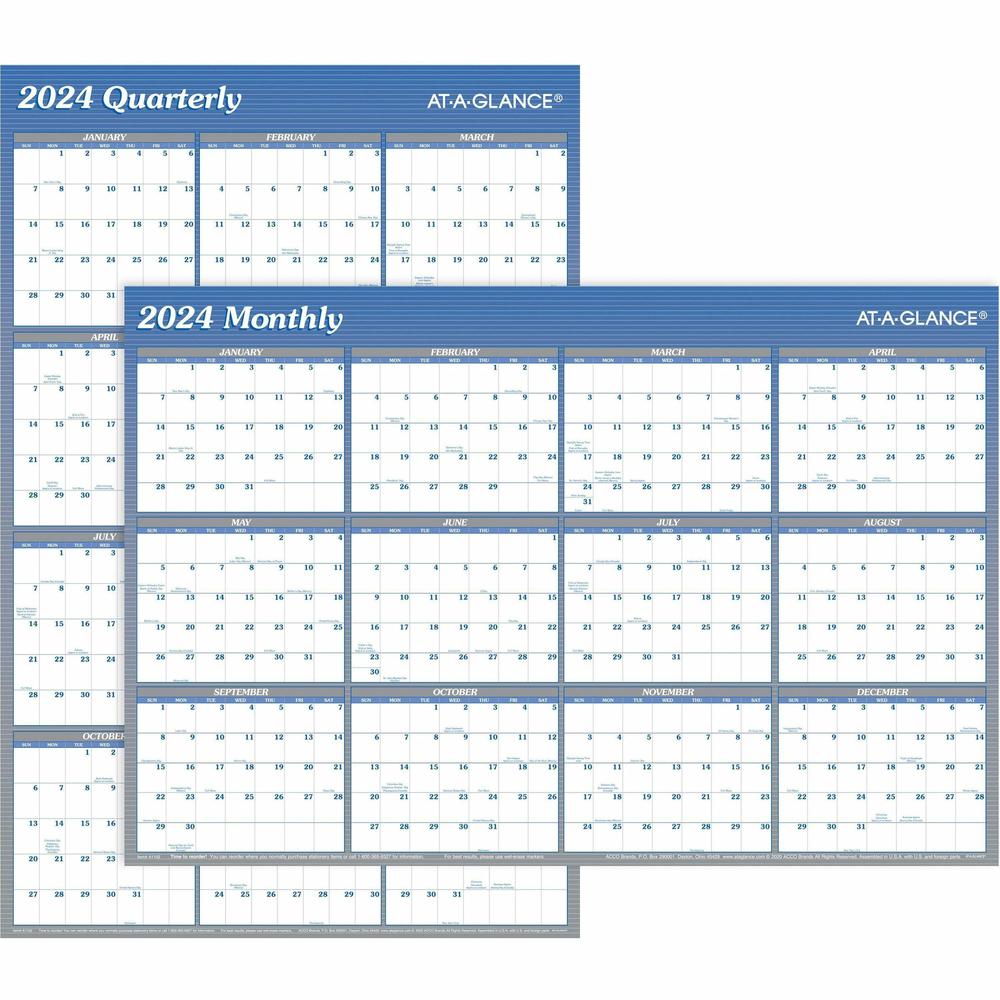 At-A-Glance Vertical Horizontal Reversible Erasable Wall Calendar - Large Size - Yearly - 12 Month - January 2024 - December 2024 - 36" x 24" White Sheet - Blue - Laminate - Erasable, Reversible, Writ. Picture 1