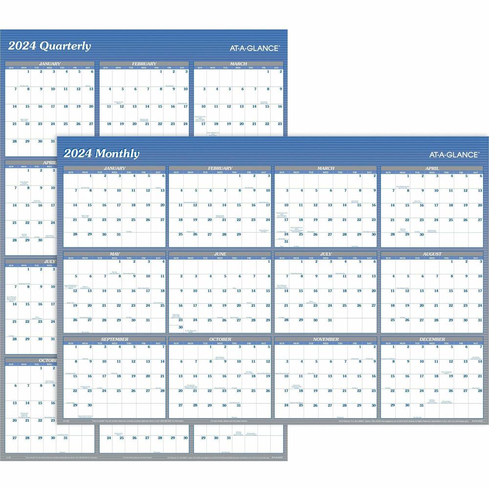 At-A-Glance Vertical Horizontal Reversible Erasable Wall Calendar - Extra Large Size - Yearly - 12 Month - January 2024 - December 2024 - 48" x 32" White Sheet - Blue - Laminate - Erasable, Reversible. Picture 1