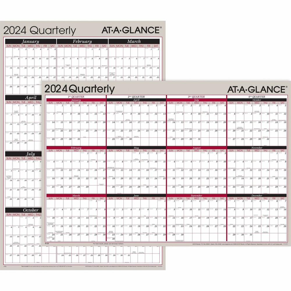 At-A-Glance Vertical Horizontal Reversible Erasable Quarterly Wall Calendar - Large Size - Julian Dates - Yearly, Quarterly - 12 Month - January 2024 - December 2024 - 24" x 36" White Sheet - 1" x 1.3. Picture 1