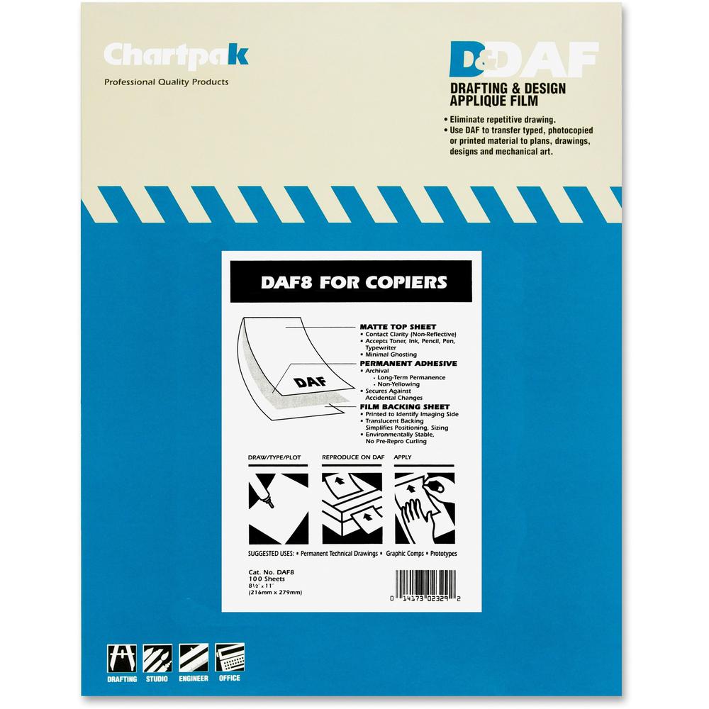 Chartpak 1.5 mil Applique Drafting Film - 100 Sheets - Letter - 8.50" x 11" - Clear - Self-adhesive - For Printer - 100 / Box. Picture 1