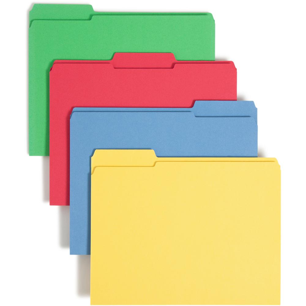 Smead Colored 1/3 Tab Cut Letter Recycled Top Tab File Folder - 8 1/2" x 11" - 3/4" Expansion - Top Tab Location - Assorted Position Tab Position - Blue, Green, Red, Yellow - 10% Recycled - 12 / Pack. Picture 1
