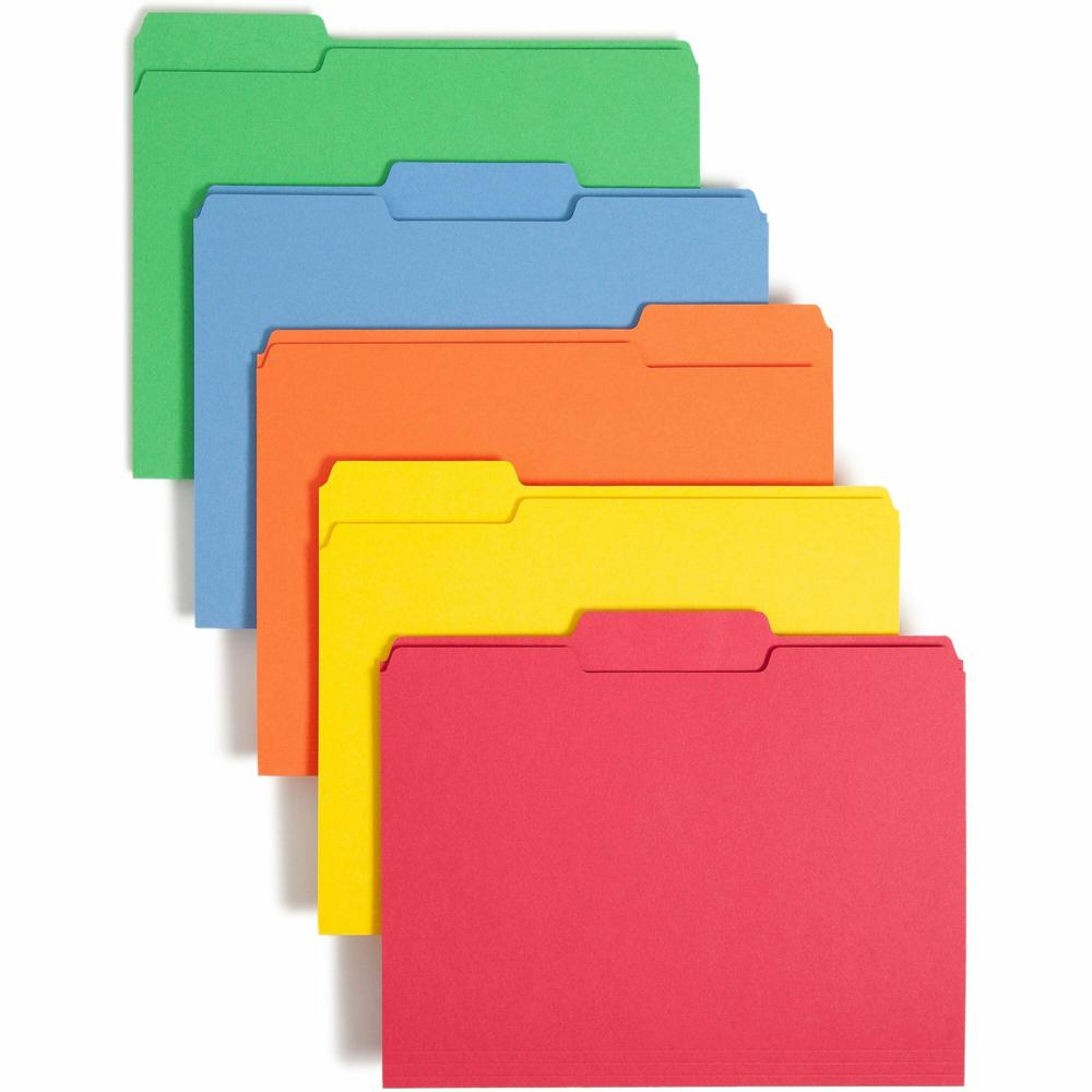 Smead 1/3 Tab Cut Letter Recycled Top Tab File Folder - 8 1/2" x 11" - 3/4" Expansion - Top Tab Location - Assorted Position Tab Position - Blue, Green, Orange, Red, Yellow - 10% Recycled - 100 / Box. Picture 1