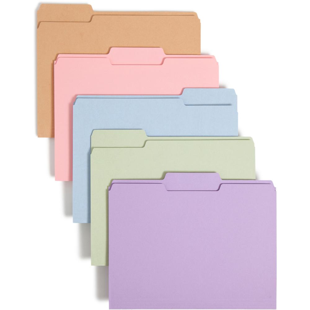Smead Colored 1/3 Tab Cut Letter Recycled Top Tab File Folder - 8 1/2" x 11" - Top Tab Location - Assorted Position Tab Position - Camel, Lake Blue, Lavender, Moss, Pink - 10% Recycled - 100 / Box. Picture 1