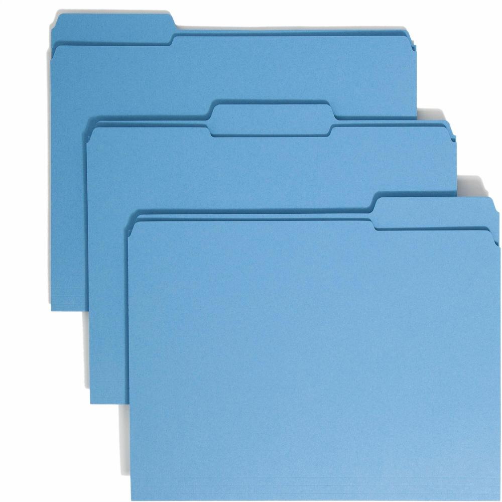 Smead Colored 1/3 Tab Cut Letter Recycled Top Tab File Folder - 8 1/2" x 11" - 3/4" Expansion - Top Tab Location - Assorted Position Tab Position - Blue - 10% Recycled - 100 / Box. Picture 1