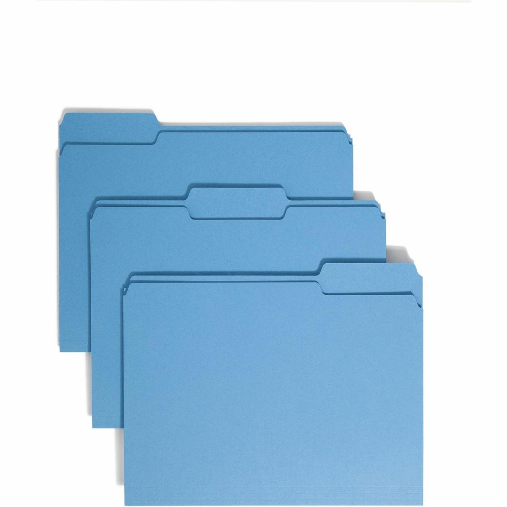 Smead 1/3 Tab Cut Letter Recycled Top Tab File Folder - 8 1/2" x 11" - 3/4" Expansion - Top Tab Location - Assorted Position Tab Position - Blue - 10% Recycled - 100 / Box. Picture 1