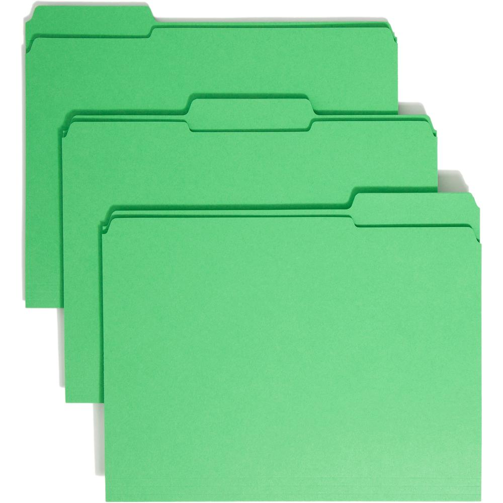 Smead Colored 1/3 Tab Cut Letter Recycled Top Tab File Folder - 8 1/2" x 11" - 3/4" Expansion - Top Tab Location - Assorted Position Tab Position - Green - 10% Recycled - 100 / Box. Picture 1