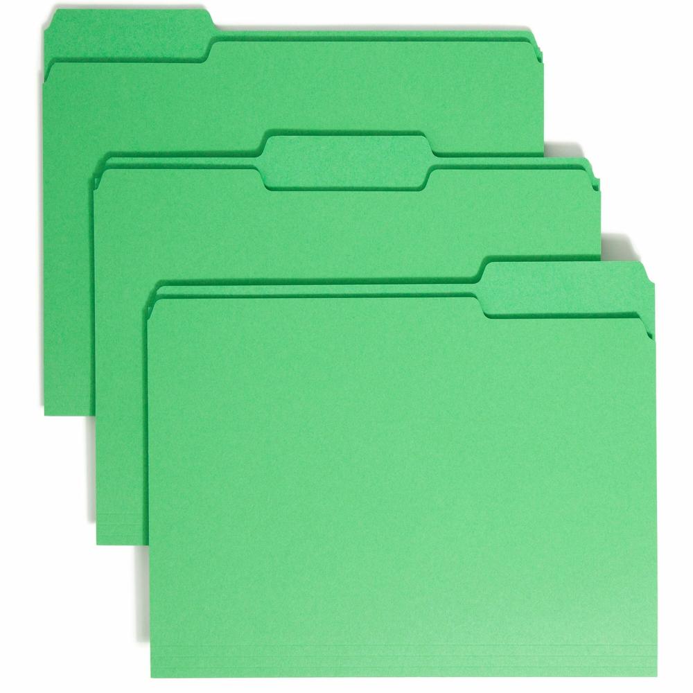 Smead Colored 1/3 Tab Cut Letter Recycled Top Tab File Folder - 8 1/2" x 11" - 3/4" Expansion - Top Tab Location - Assorted Position Tab Position - Green - 10% Recycled - 100 / Box. Picture 1