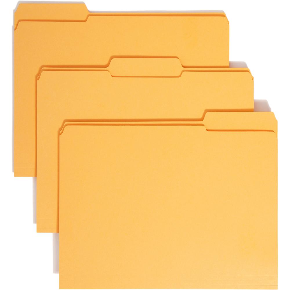 Smead Colored 1/3 Tab Cut Letter Recycled Top Tab File Folder - 8 1/2" x 11" - 3/4" Expansion - Top Tab Location - Assorted Position Tab Position - Goldenrod - 10% Recycled - 100 / Box. Picture 1