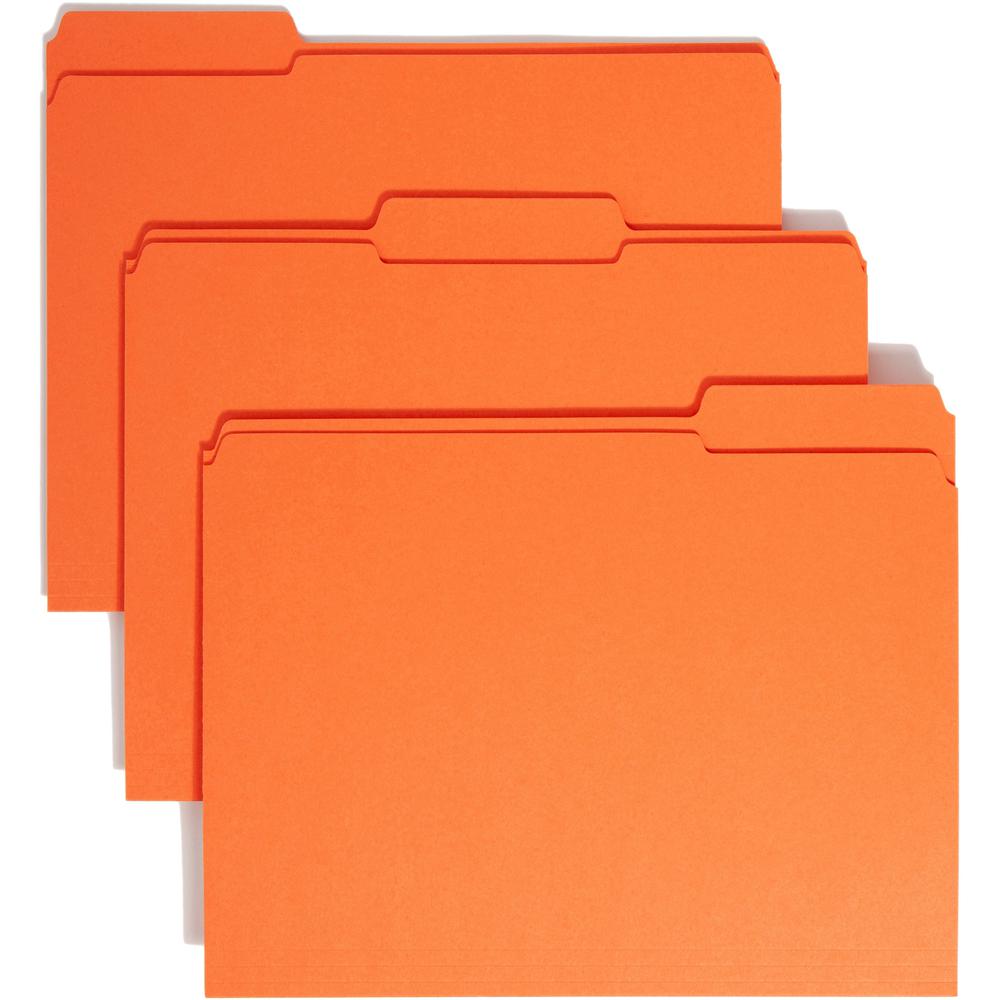 Smead Colored 1/3 Tab Cut Letter Recycled Top Tab File Folder - 8 1/2" x 11" - 3/4" Expansion - Top Tab Location - Assorted Position Tab Position - Orange - 10% Recycled - 100 / Box. Picture 1