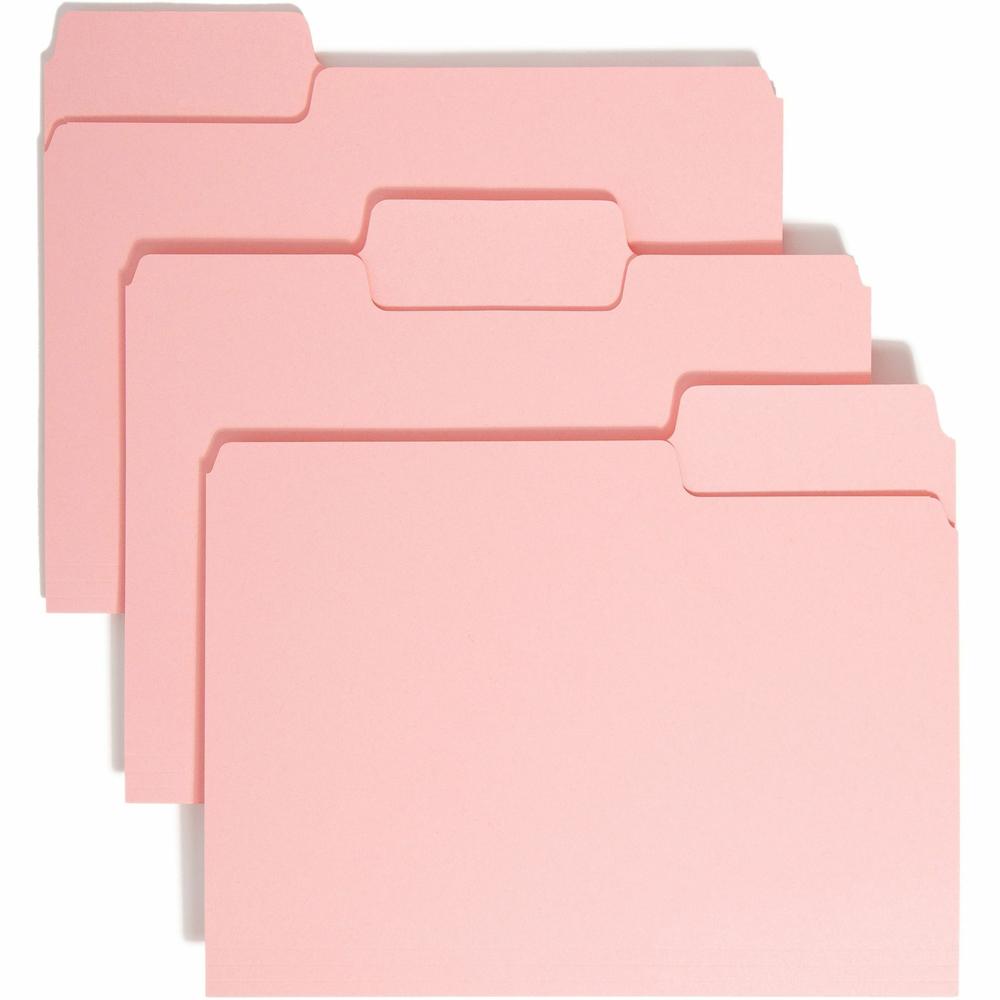 Smead Colored 1/3 Tab Cut Letter Recycled Top Tab File Folder - 8 1/2" x 11" - 3/4" Expansion - Top Tab Location - Assorted Position Tab Position - Pink - 10% Recycled - 100 / Box. Picture 1